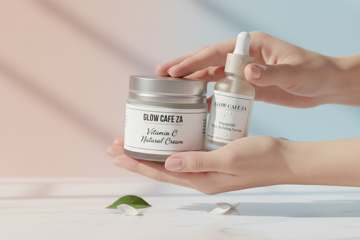 Hands holding Vitamin C cream and Pore Refining Serum